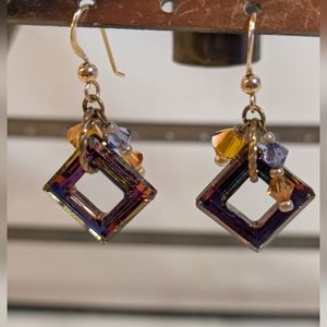 Crystals Square Dangle Earrings With Multiple Crystal Beads In Sterling Silver